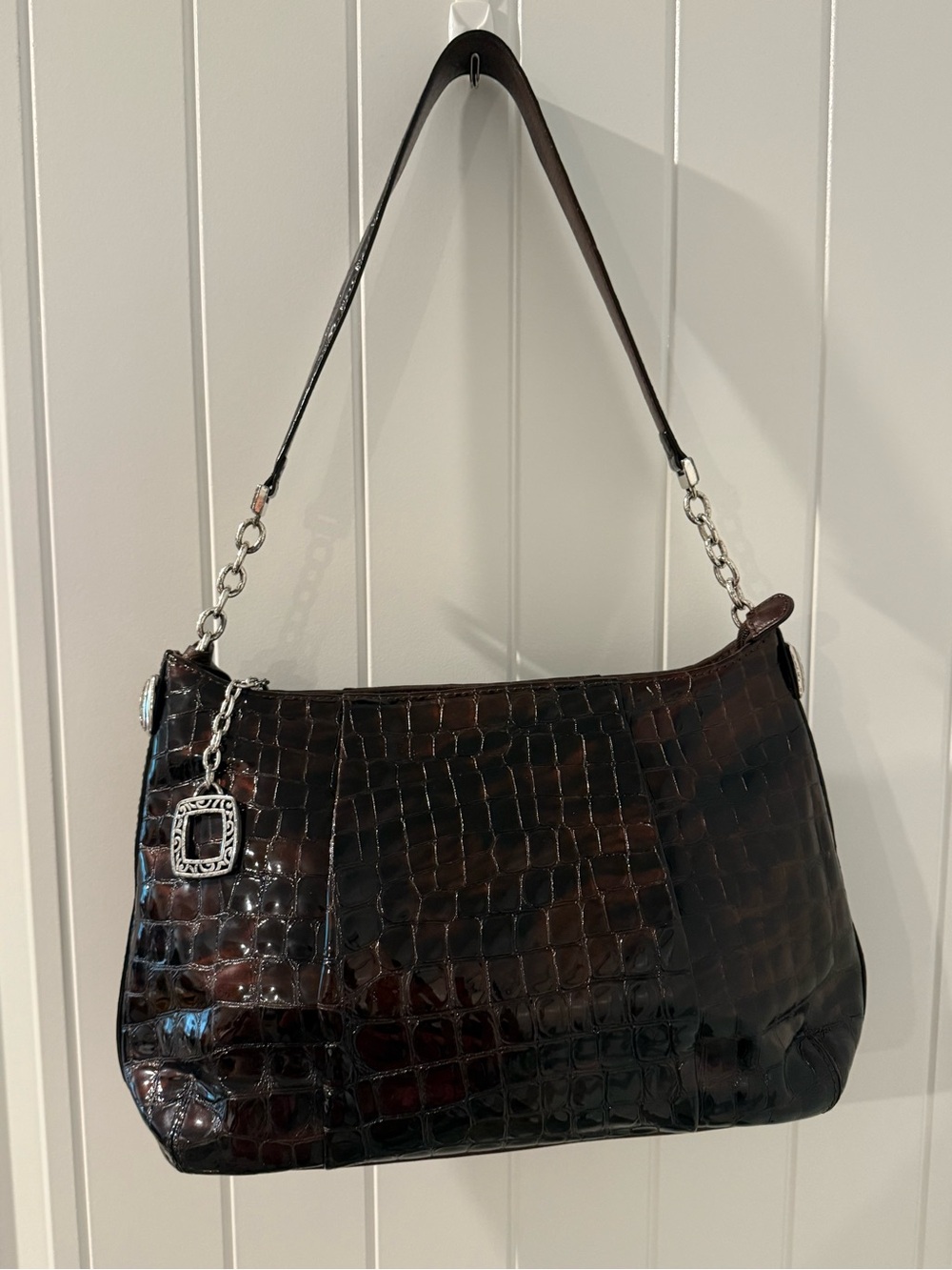 Brighton Dark Brown Croc-Embossed Shoulder Bag with Silver Chain Accent